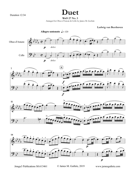 Beethoven: Duet WoO 27 No. 3 for Oboe d'Amore & Cello (arr. James M. Guthrie, ASCAP)