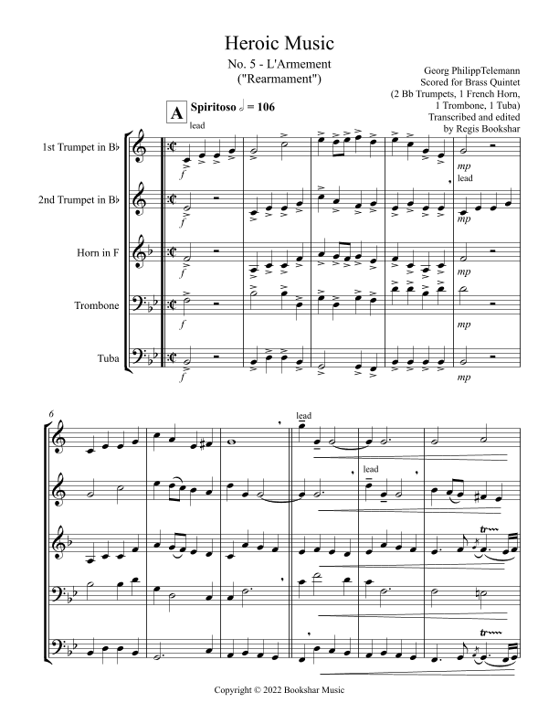 Heroic Music - No.   5. L'Armement (Bb) (Brass Quintet - 2 Trp, 1 Hrn, 1 Trb, 1 Tuba) (arr. Regis Bookshar)