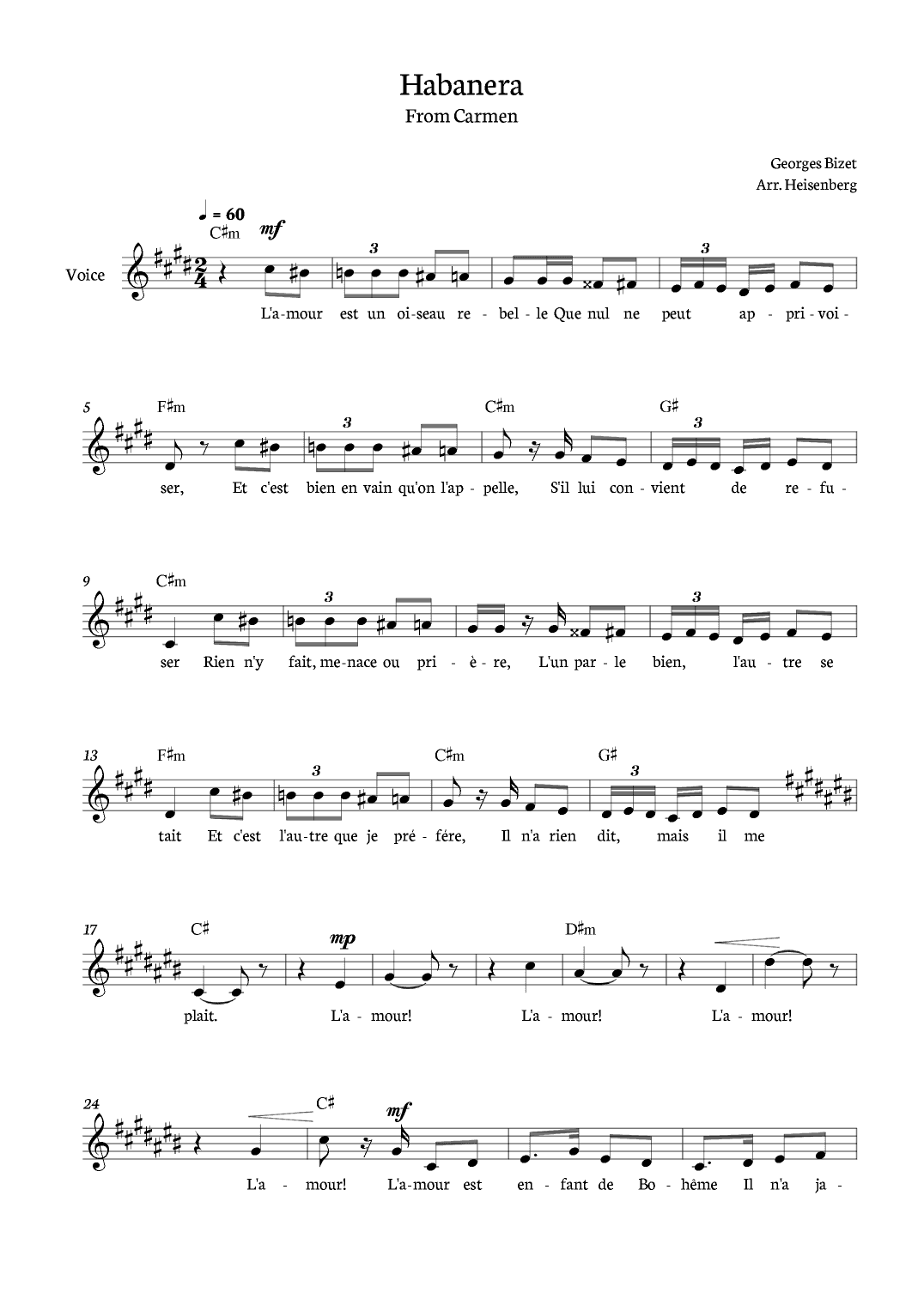 Habanera Carmen for voice in C# minor with chords (arr. Heisenberg)