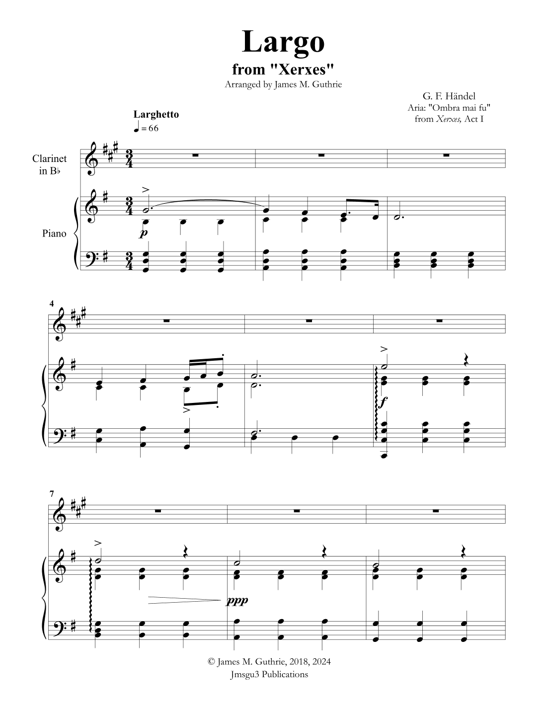 Handel: Largo from Xerxes for Clarinet & Piano (arr. James M. Guthrie, ASCAP)