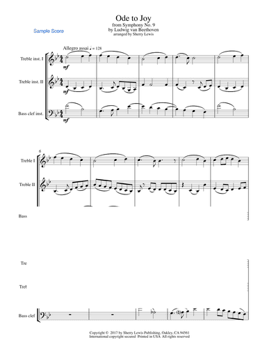 ODE TO JOY, Beethoven for String Trio, Woodwind Trio, any combination of two treble clef instruments (arr. Sherry Lewis)