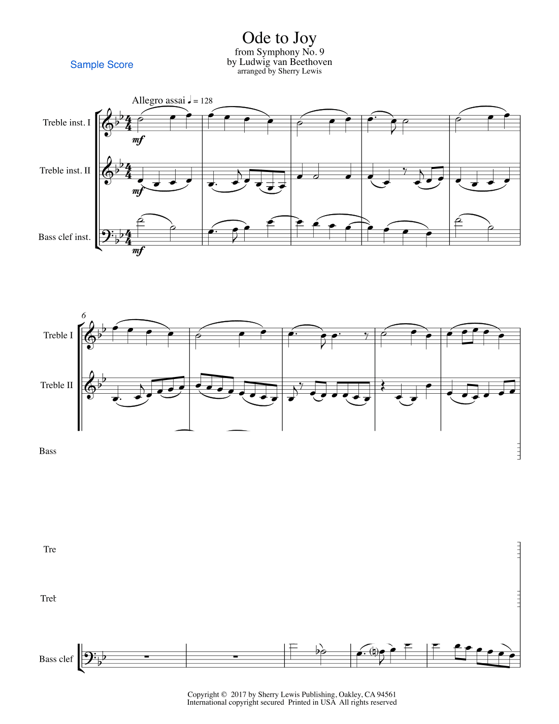 ODE TO JOY, Beethoven for String Trio, Woodwind Trio, any combination of two treble clef instruments (arr. Sherry Lewis)