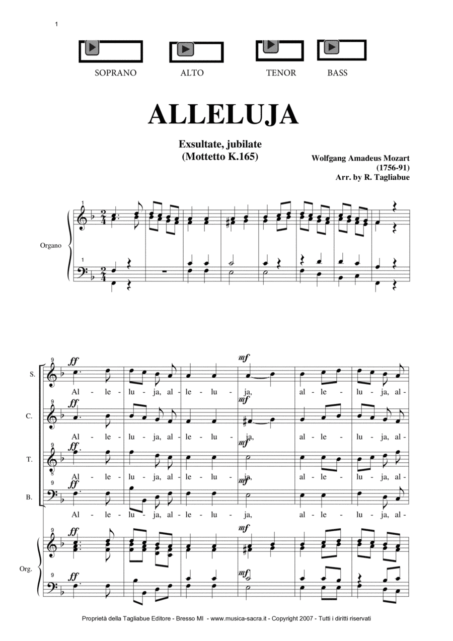 ALLELUJA (Exsultate, jubilate K.165) W.A.Mozart - Arr. for SATB Choir and Organ - Score Only (arr. Renato Tagliabue)