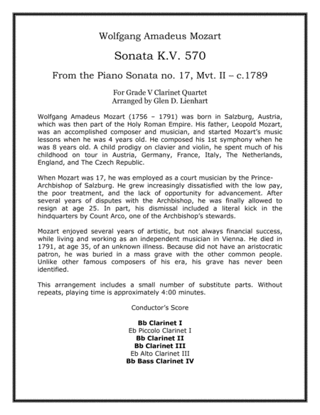 Sonata K.V. 570 (Clarinets) (arr. Glen D. Lienhart)