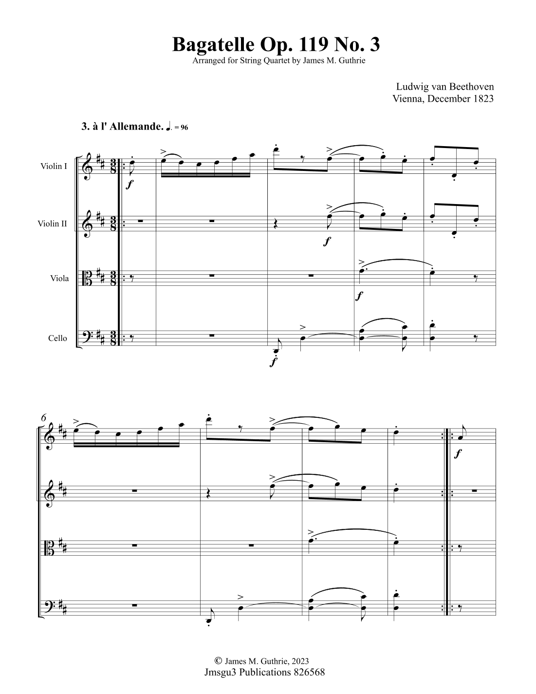 Beethoven: Bagatelle Op. 119 No. 3 for String Quartet (arr. James M. Guthrie, ASCAP)