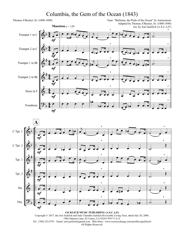 Columbia the Gem of the Ocean (arr. Joel Jacklich (A.S.C.A.P.))