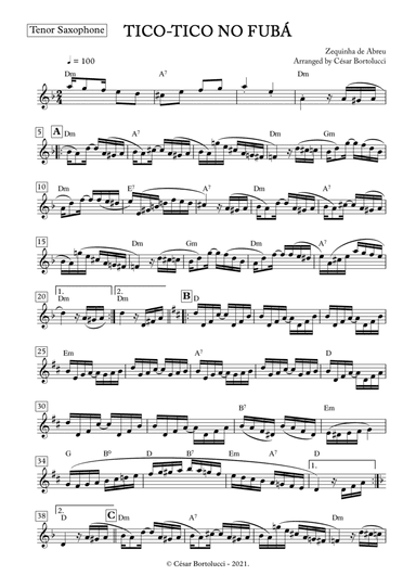 Tico-tico no Fubá - Tenor Sax with chords (arr. ACT Bortolucci)