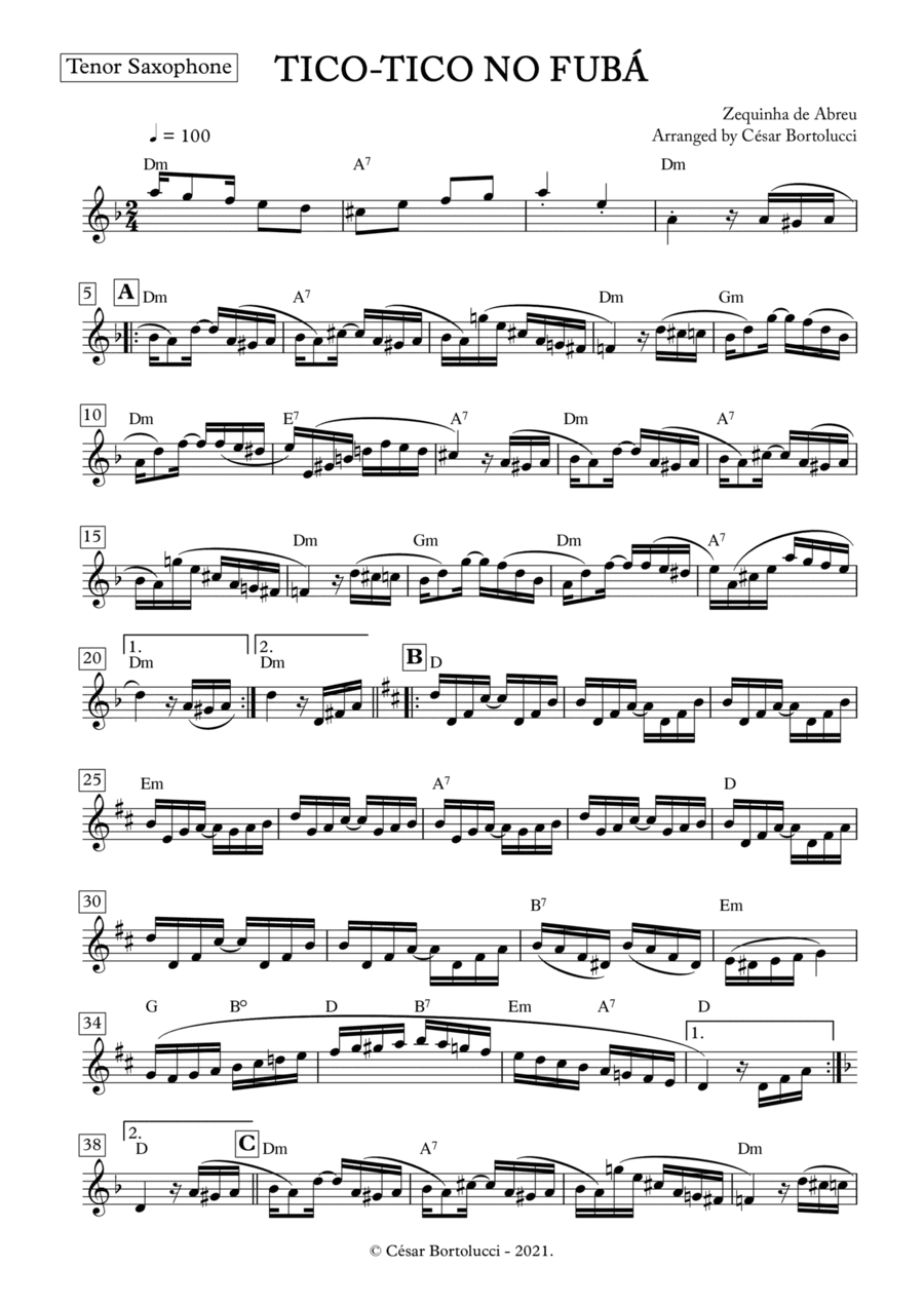 Tico-tico no Fubá - Tenor Sax with chords (arr. ACT Bortolucci)