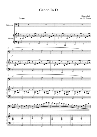Canon In D, Johann Pachelbel, For Bassoon & Piano