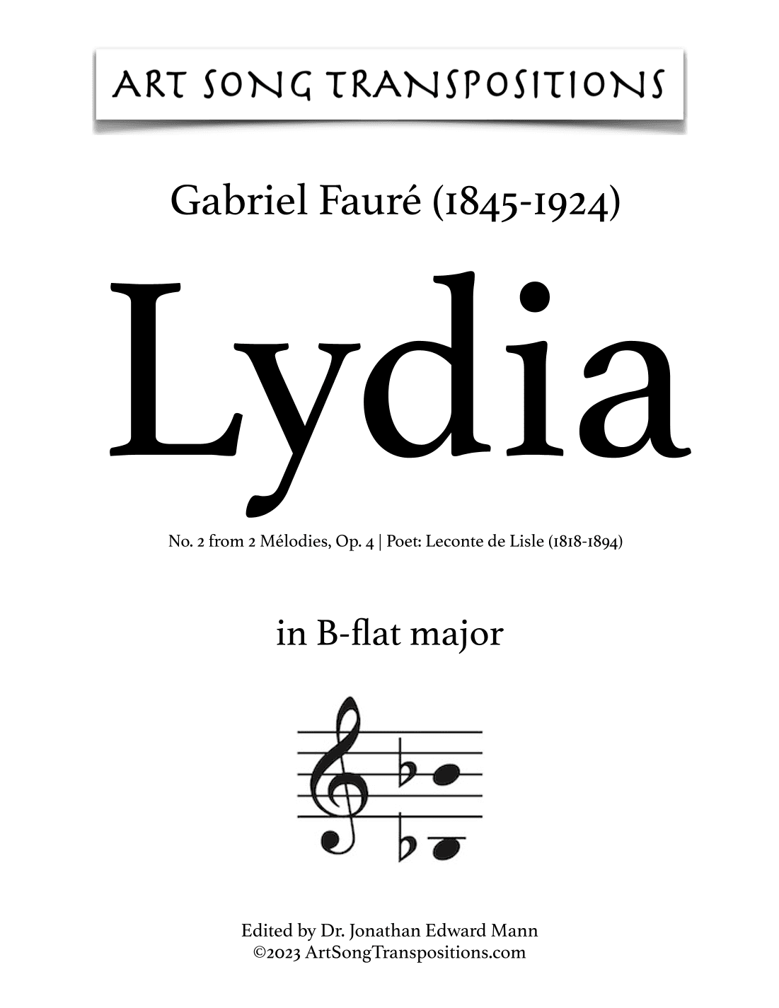 FAURÉ: Lydia, Op. 4 no. 2 (transposed to B-flat major) (arr. ArtSongTranspositions.com)