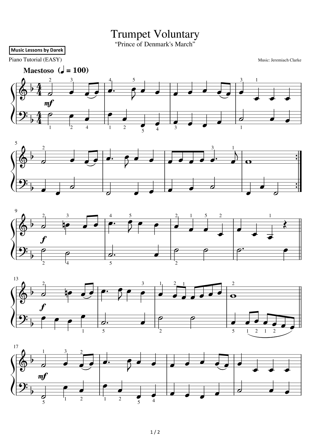 Trumpet Voluntary (EASY PIANO) “Prince of Denmark's March” [Jeremiach Clarke] (arr. Darek)