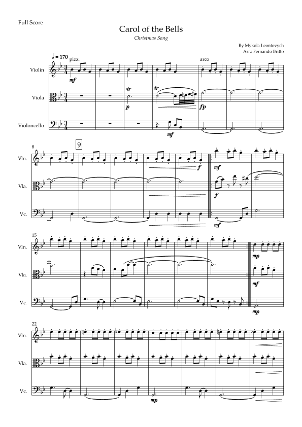 Carol of The Bells - Jazz Version (Christmas Song) for String Trio (arr. Fabio Britto)