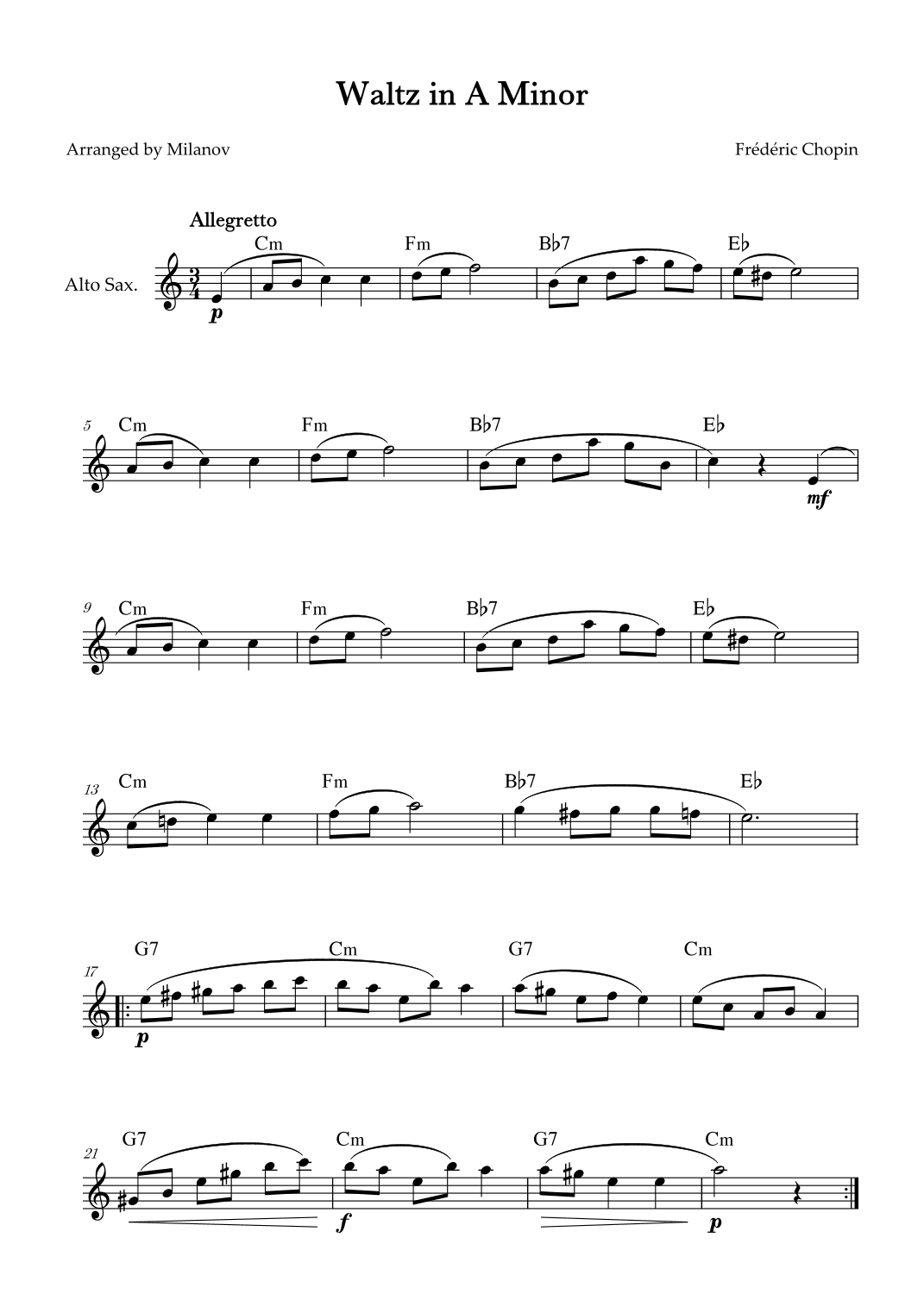 Waltz in A Minor | B. 150, Op. Posth. | Chopin | Alto Sax | Chords (arr. Milanov)
