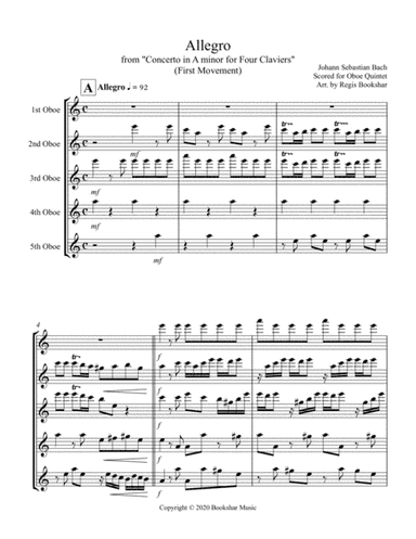 Allegro (from "Concerto for Four Claviers") (A min) (Oboe Quintet) (arr. Regis Bookshar)