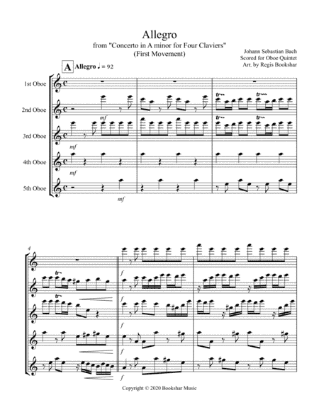 Allegro (from "Concerto for Four Claviers") (A min) (Oboe Quintet) (arr. Regis Bookshar)