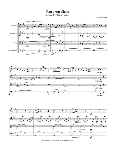 PANIS ANGELICUS String Quartet, Intermediate Level for 2 violins, viola and cello (arr. Sherry Lewis)