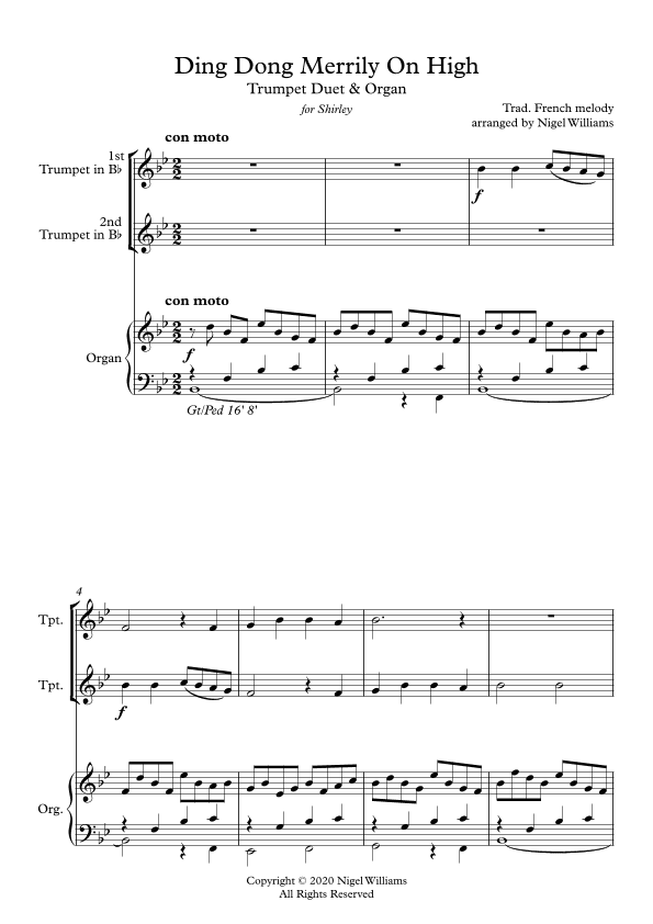 Ding Dong Merrily On High, for Trumpet Duet and Organ (arr. Nigel Williams)