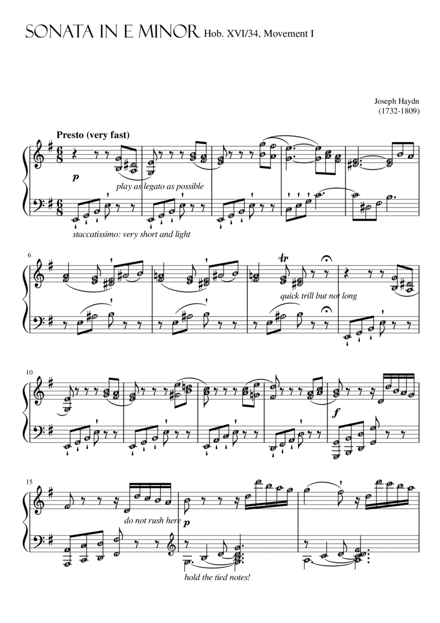 Sonata in E minor, Hob. XVI/34, First Movement by Haydn ~ Diploma Level with note names & performanc (arr. Published Harmony Valarie)