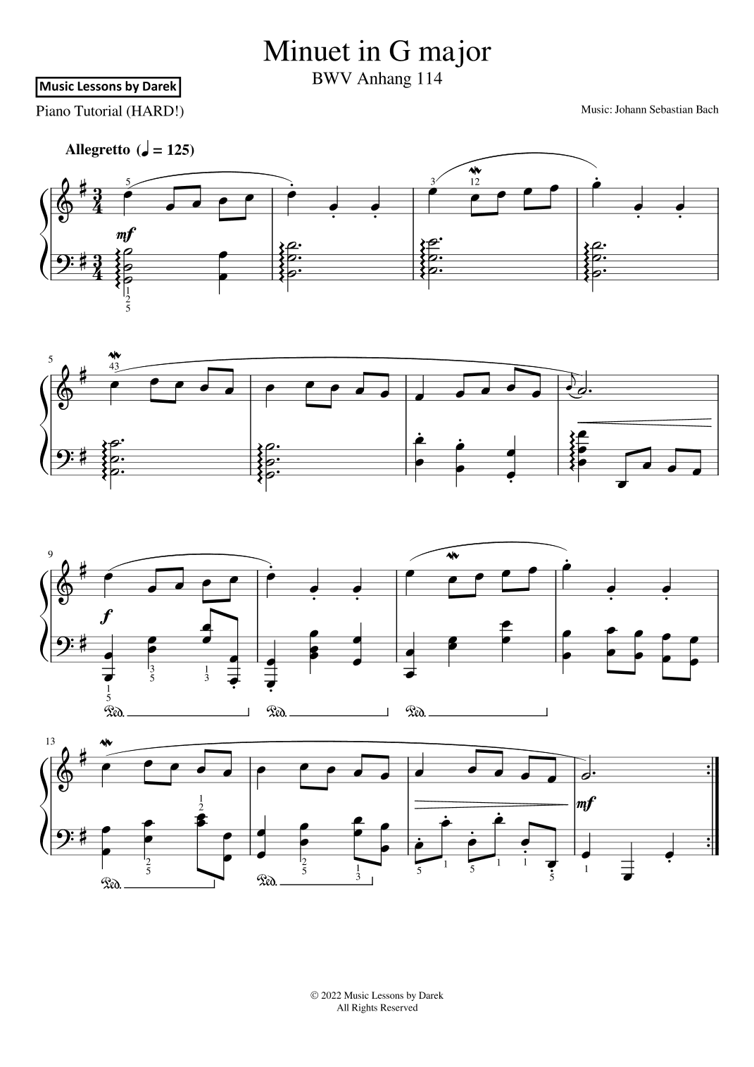 Minuet in G major (HARD PIANO) BWV Anhang 114 [Johann Sebastian Bach] (arr. Darek)