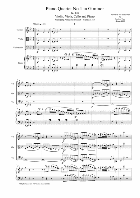 Mozart - Piano Quartet No.1 in G minor K 478 for Violin,Viola, Cello and Piano - Score and Parts (arr. Santino Cara)