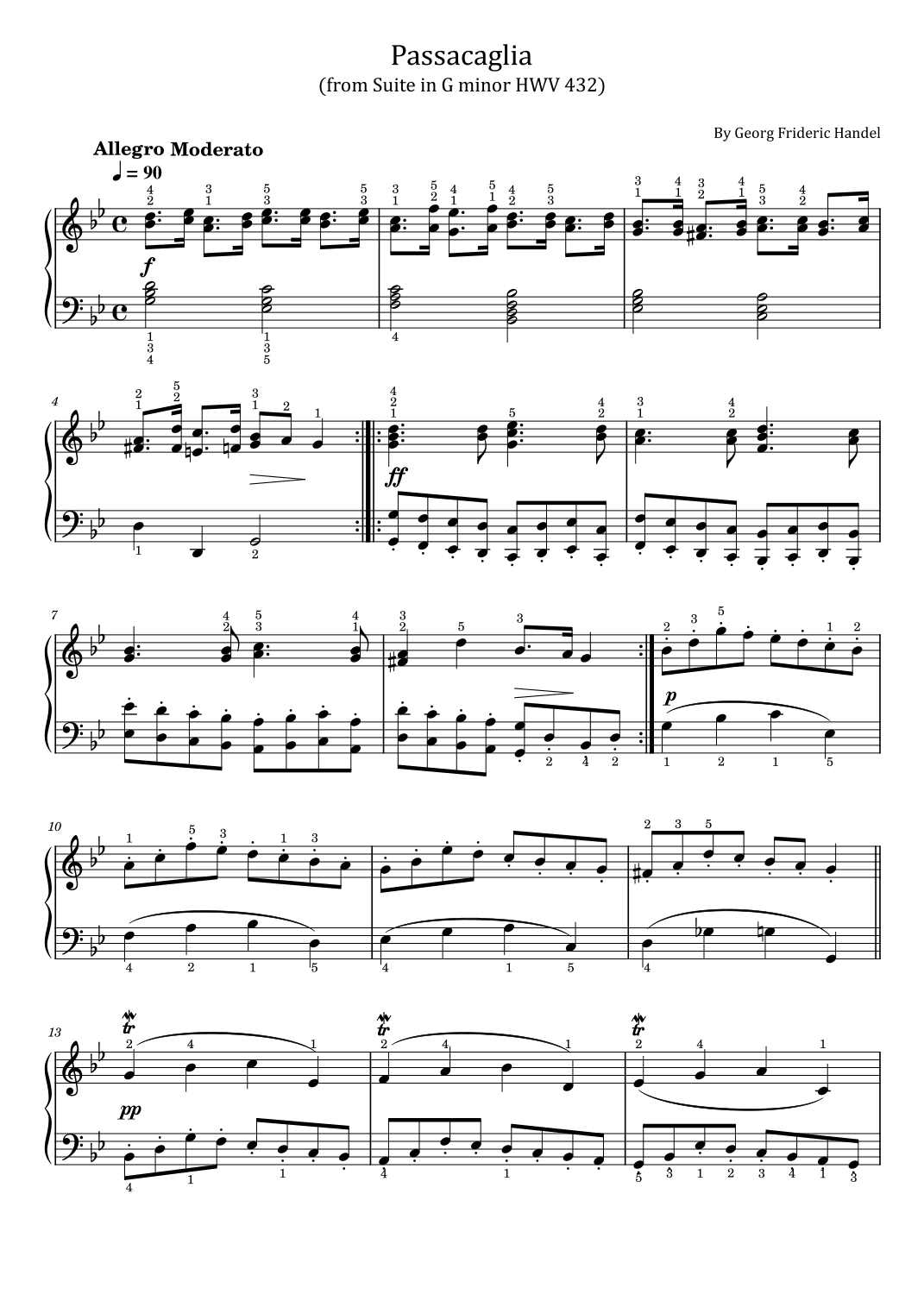 Handel - Passacaglia - (from Suite in G minor HWV 432) - Original With Fingered - For Piano Solo (arr. poon)