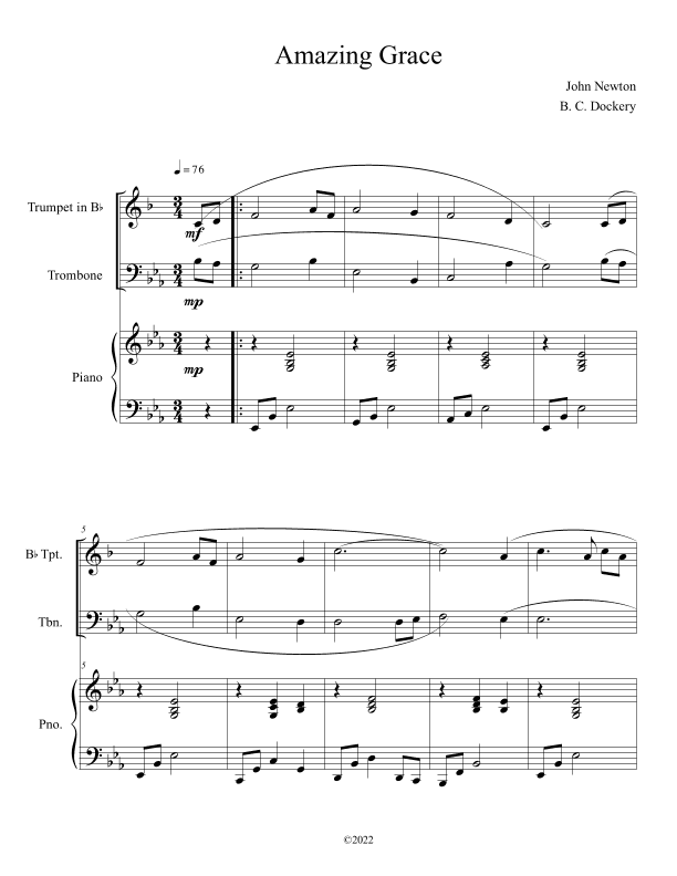 Amazing Grace (Trumpet and Trombone Duet with Piano Accompaniment) (arr. B. C. Dockery)