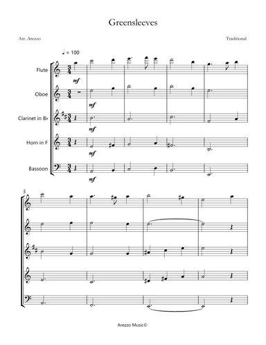 greensleeves woodwind quintet sheet music (arr. Arezzo Music)
