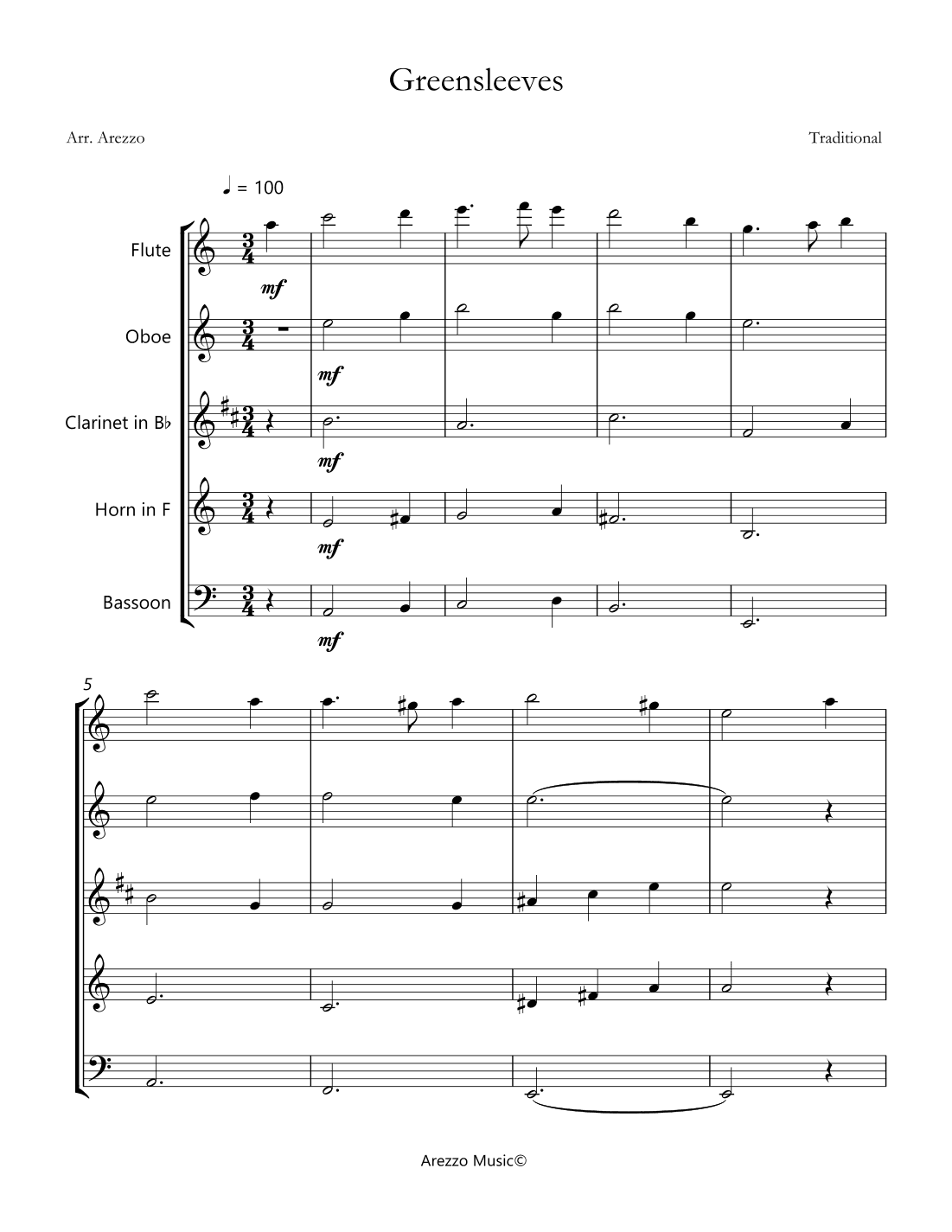 greensleeves woodwind quintet sheet music (arr. Arezzo Music)