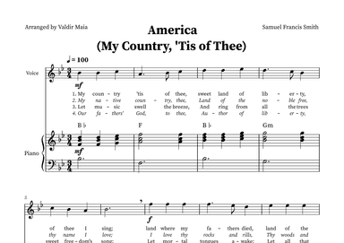 America (My Country, 'Tis of Thee) - Voice and Piano in B-flat (+CHORDS) (arr. Valdir Maia)