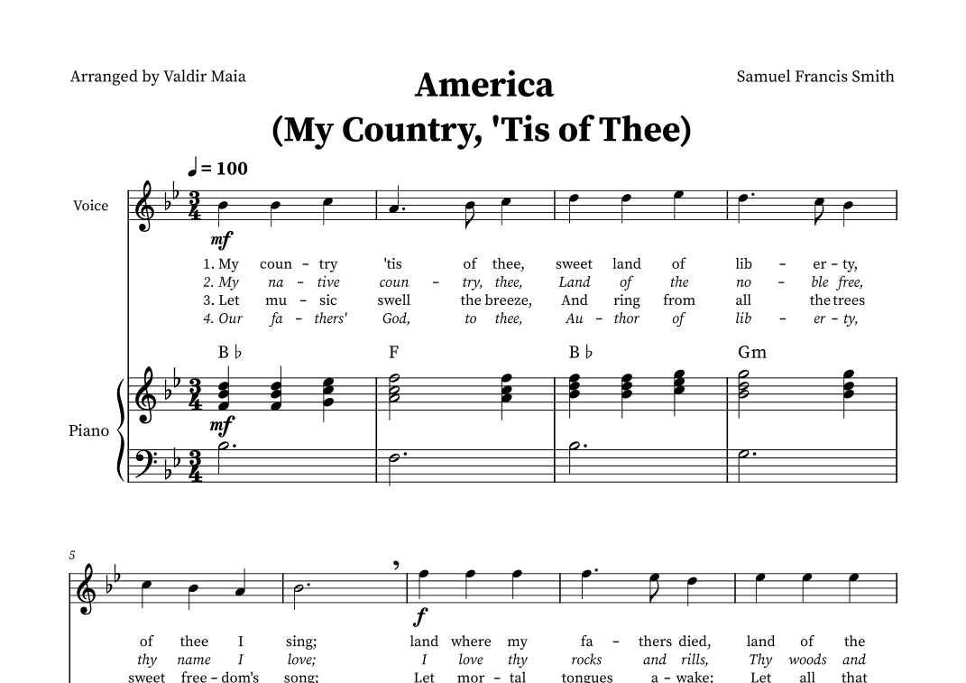 America (My Country, 'Tis of Thee) - Voice and Piano in B-flat (+CHORDS) (arr. Valdir Maia)