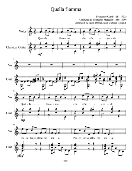 "Quella fiamma" (Conti; attrib. to Marcello, B.) for voice and guitar (arr. J. Deroche, V. Holland)