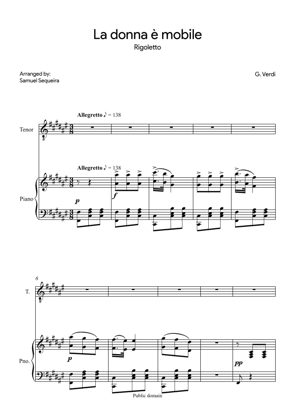 La donna è mobile - for Tenor - in F# (arr. Samuel Sequeira)