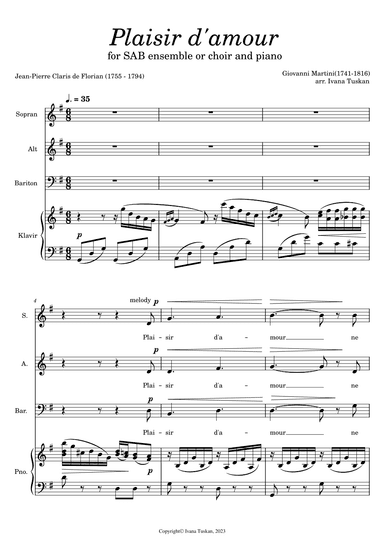 Plaisir d'amour, for SAB and piano (arr. Ivana Tuskan)