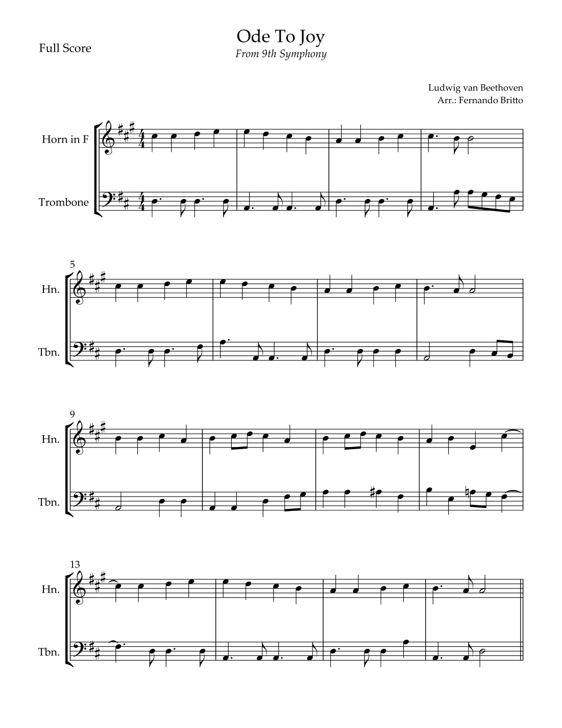 Ode To Joy Theme (from Beethoven's 9th Symphony) for Horn in F & Trombone Duo (arr. Fernando Britto)