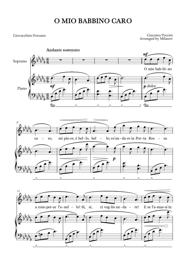 O Mio Babbino Caro | Female Voice Soprano | D-flat Major | Piano accompaniment | Pedal (arr. Milanov)