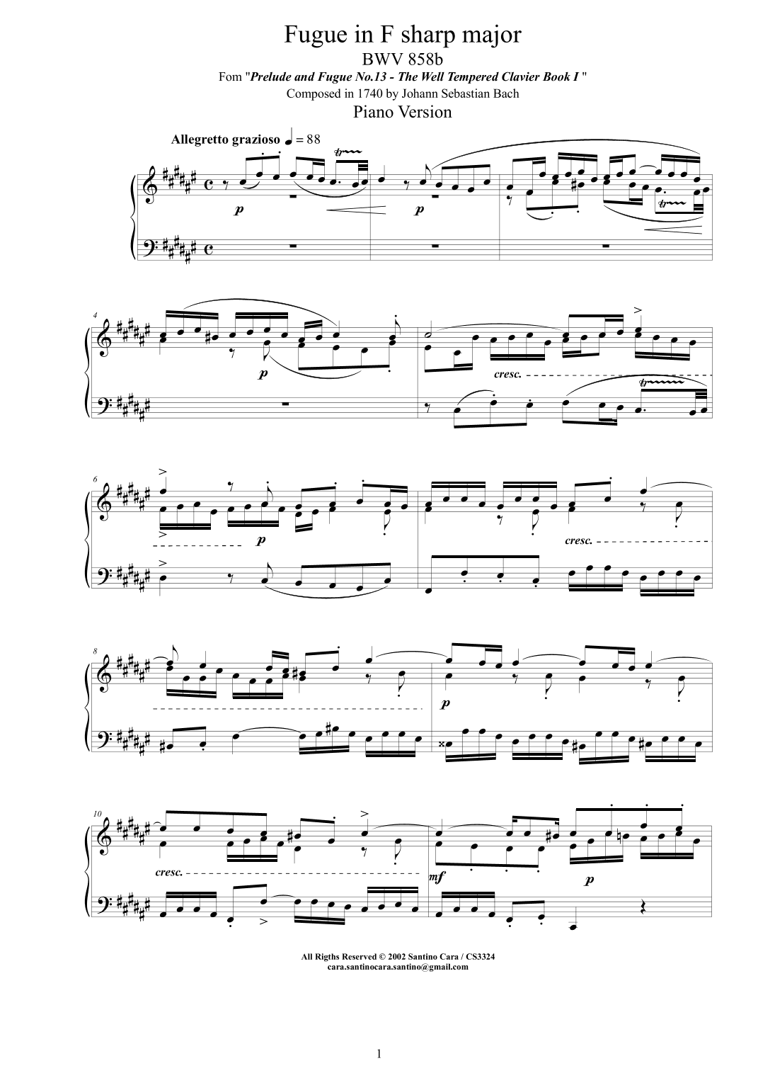 Bach - Fugue in F sharp major BWV 858b - Piano version (arr. Santino Cara)