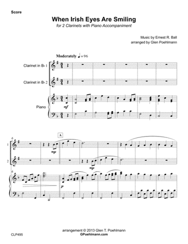 WHEN IRISH EYES ARE SMILING - CLARINET DUET with Piano Accompaniment (arr. Glen Poehlmann)