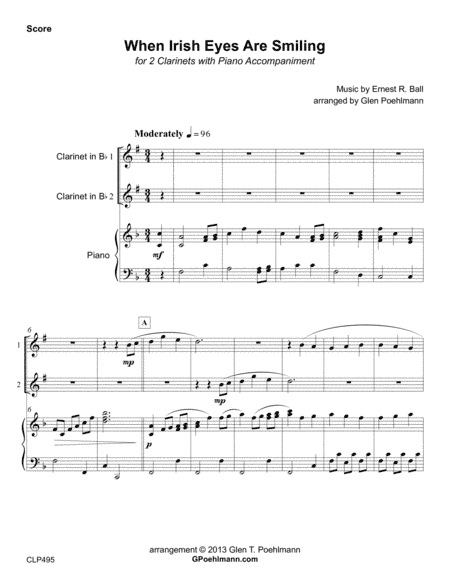 WHEN IRISH EYES ARE SMILING - CLARINET DUET with Piano Accompaniment (arr. Glen Poehlmann)