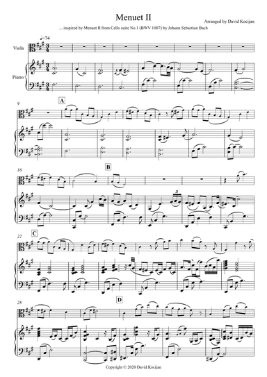Menuet II - EASY (viola & piano) (arr. David Kocijan)