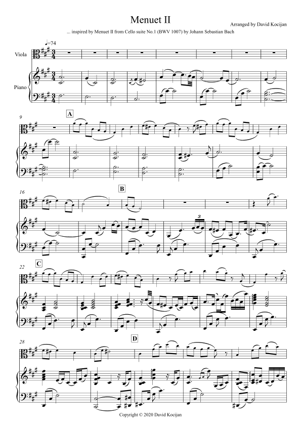 Menuet II - EASY (viola & piano) (arr. David Kocijan)