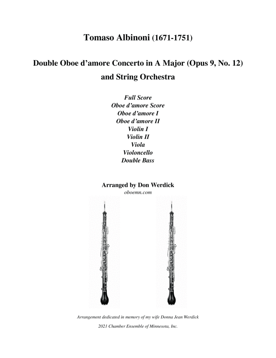 Double Oboe d’amore Concerto in A Major, Op. 9 No. 12 and String Orchestra (arr. Don Werdick (1946 - ))