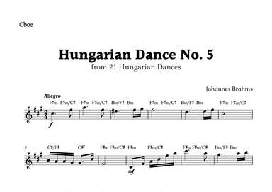 Hungarian Dance No. 5 by Brahms for Oboe Solo with Chords (arr. Rika K.)