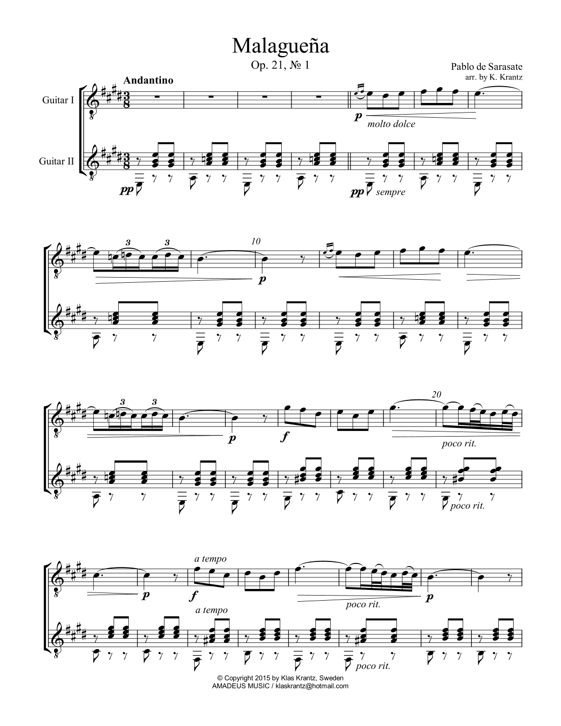 Malaguena Op. 21 No. 1 for guitar duo (arr. K. Krantz)