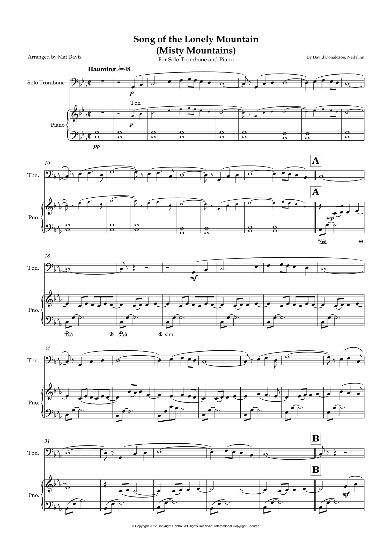Song Of The Lonely Mountain (arr. Mat Davis)