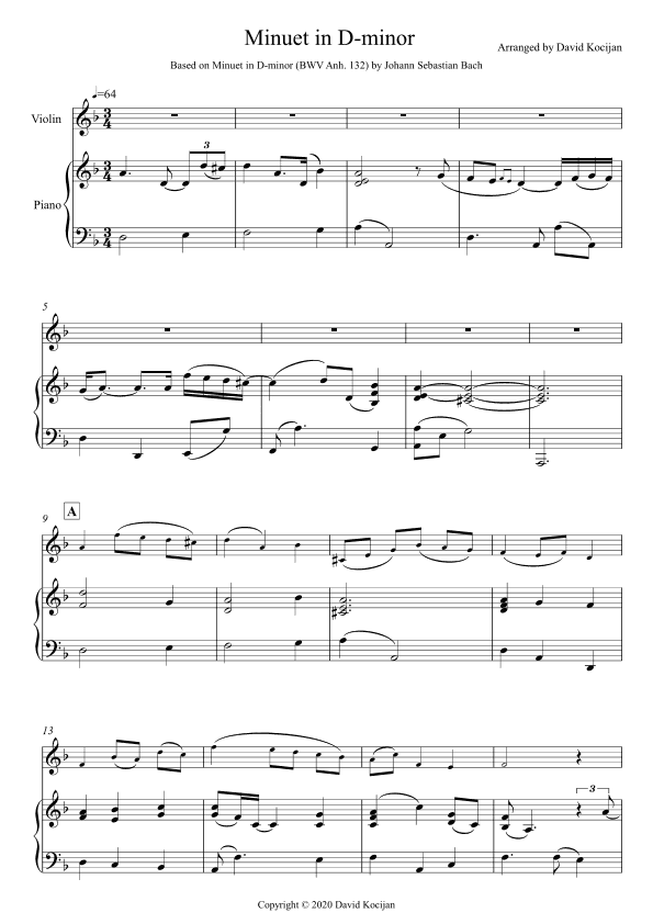 Minuet in D-minor - EASY (violin & piano) (arr. David Kocijan)