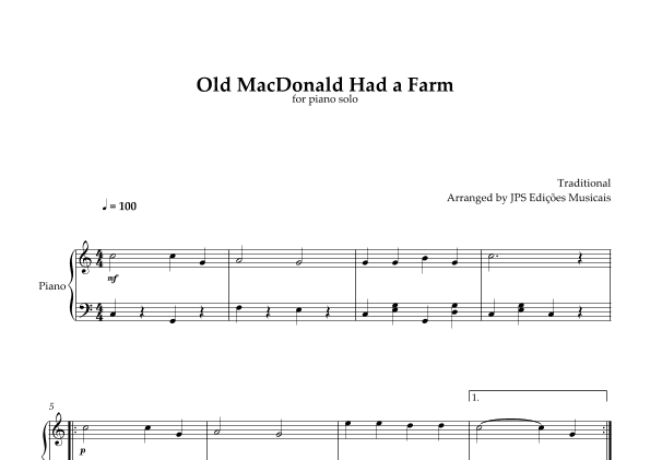 Old MacDonald Had A Farm for piano solo - Easy (arr. JPS Edições Musicais)
