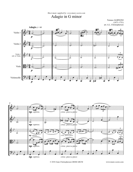 Albinoni Adagio - 2 Violins, Viola and Cello (arr. Anne L Christopherson GRSM ARCM)