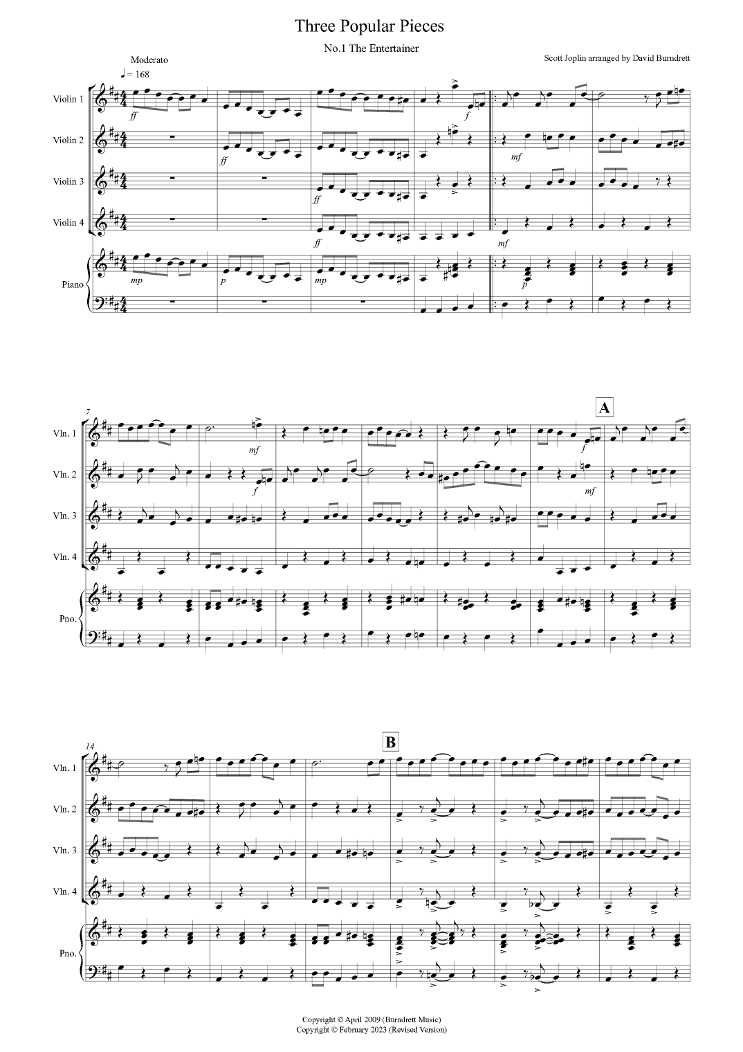 3 Popular Pieces for Violin Quartet (arr. David Burndrett)