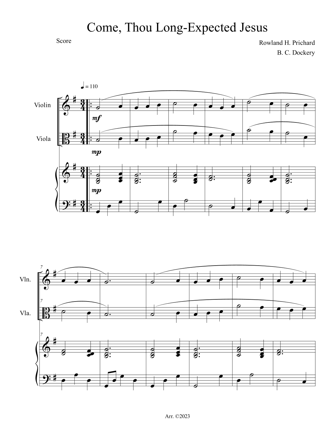 Come, Thou Long-Expected Jesus (Violin and Viola Duet with Piano Accompaniment) (arr. B. C. Dockery)