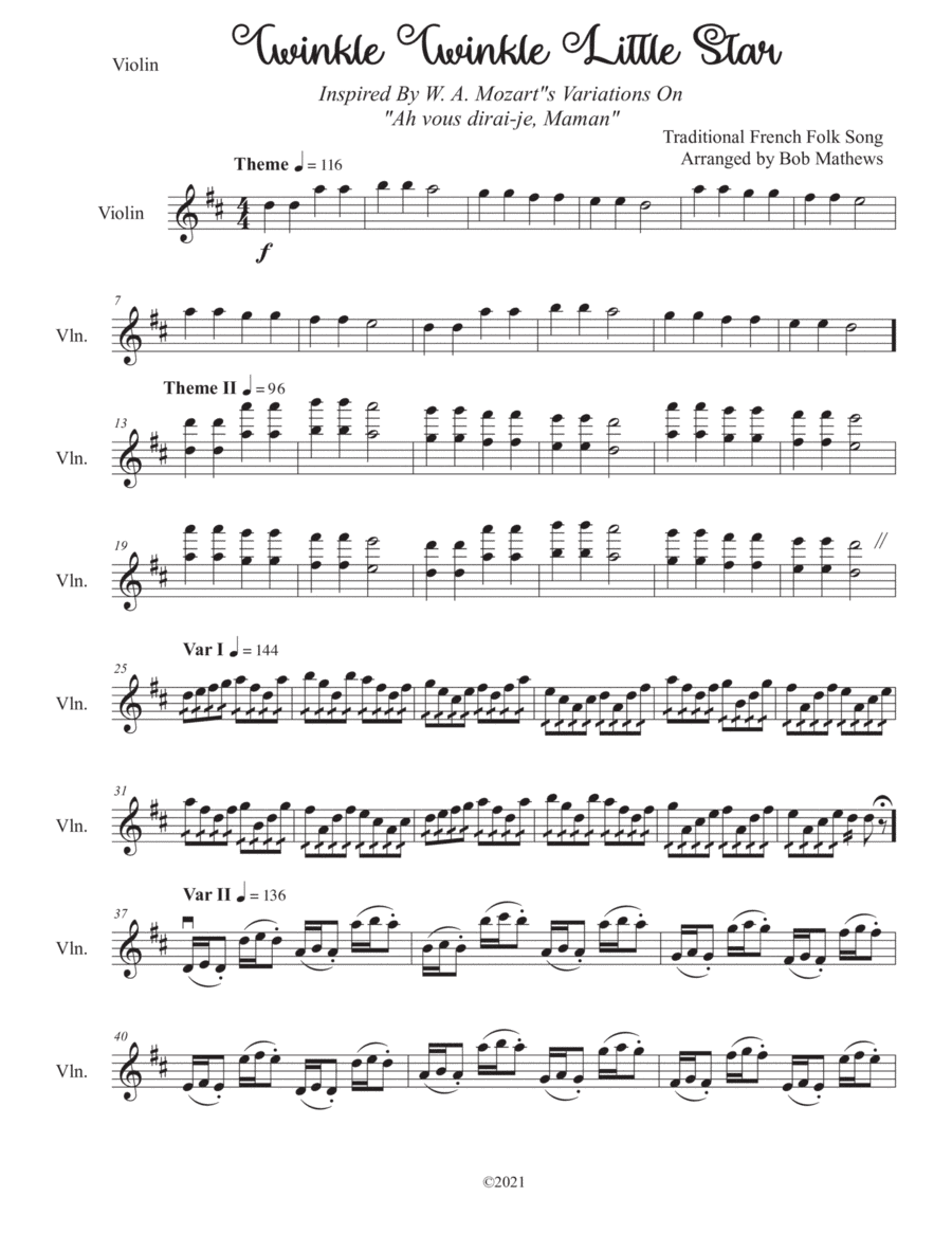 Twinkle Twinkle Little Star Variations for Violin Solo (arr. Bob Mathews)